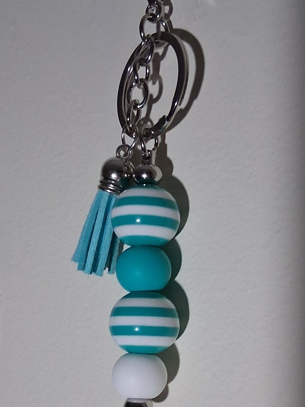 Striped Teal and White Bead Tassel Keychain